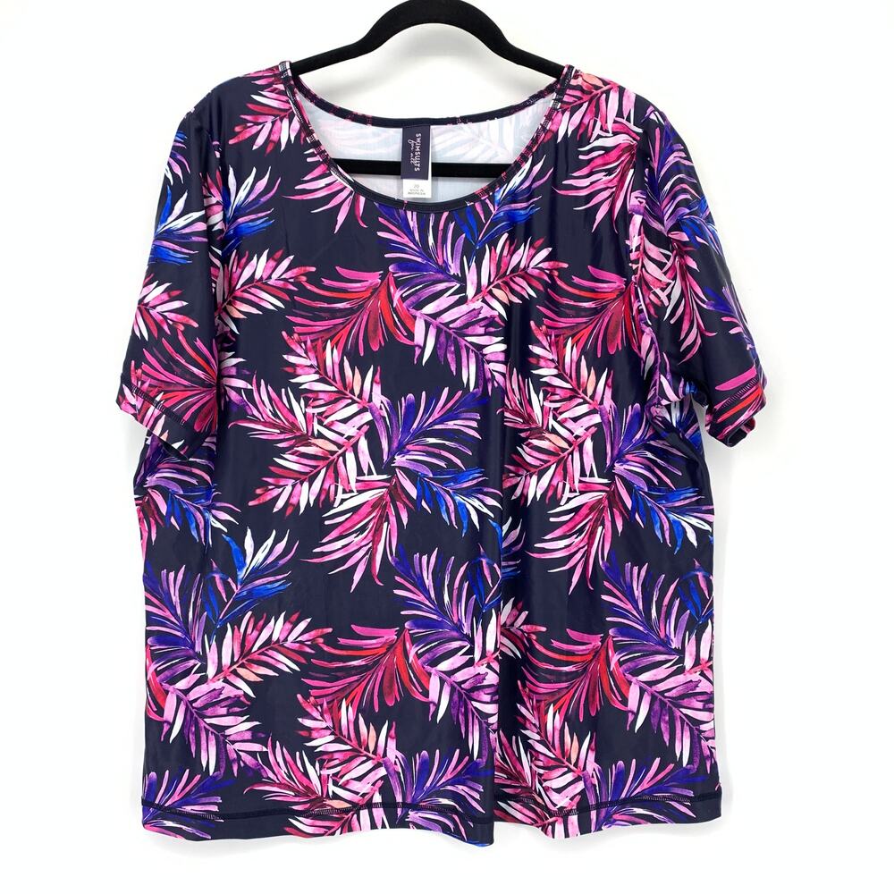 Swimsuits For All Rash Guard Top Womens Sz 20 Navy Blue Floral Short Sleeve